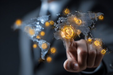Global Finance at Your Fingertips: A person in a tailored suit touches a digital world map, with illuminated currency symbols highlighting global finance and international trade.
