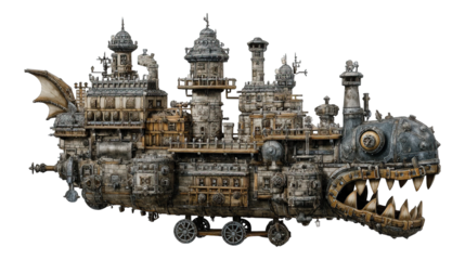 Steampunk airship with mechanical dragon head and castle structure