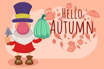 Cheerful gnome standing and holding green pumpkin and gardening tool. Colorful autumn leaves and symbols surrounding him. Autumn season concept