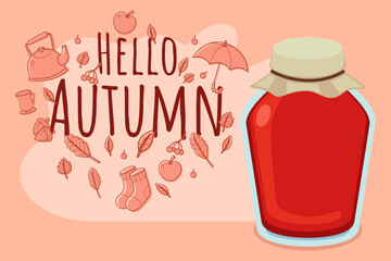 Colorful design with jar of jam alongside autumn elements, including leaves, apples, and socks, capturing cozy essence of fall season