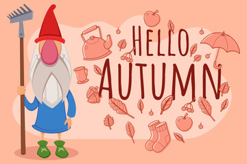 Cheerful gnome with red hat and blue outfit standing with rake. Leaves and seasonal items surrounding him. Arrival of autumn concept