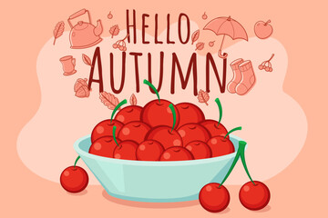 Vibrant bowl of red cherries against peach background. Autumn-themed illustrations like leaves and cozy items celebrating season