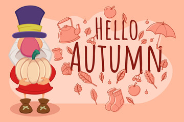 Colorful character in hat holding pumpkin against warm background, surrounded by autumn leaves, apples, and umbrellas, creating festive atmosphere