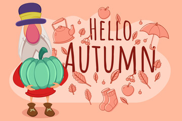 Cheerful gnome standing and holding large green pumpkin against warm autumn-themed background. Scene filled with leaves, apples, and cozy symbols of season