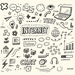 Internet Concept Doodle Background with Social Media and Technology Elements