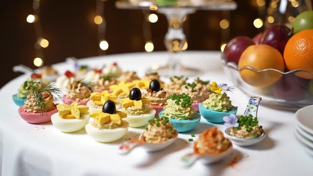 Close-up shot of a table with various deviled eggs and a bowl of fruit.