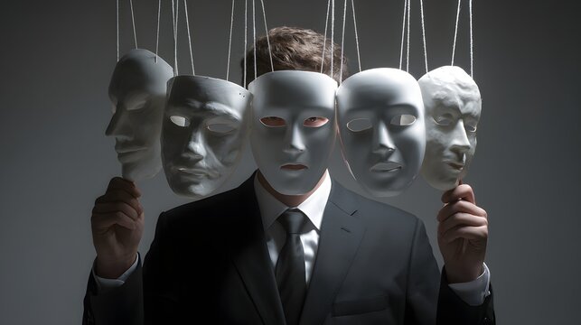 Conceptual image depicting a person in a business suit surrounded by multiple white masks suspended from strings, symbolizing various facades, impersonation, and the duality of identity.