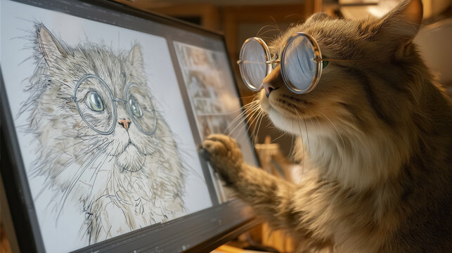 メガネをかけた猫が自分がトレースされたイラストの画面を見つめる
