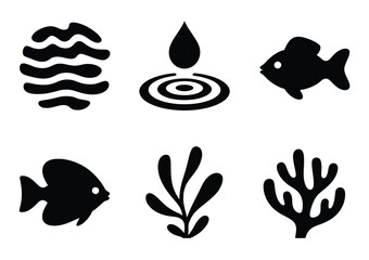 Set of 6 vector silhouettes aquatic elements water fish coral seaweed droplet isolated illustrations eps silhouette vector illustration white background
