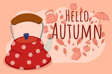 Cheerful red polka-dotted kettle against pink background, surrounded by autumn leaves, fruits, and cozy items. Welcoming fall atmosphere concept