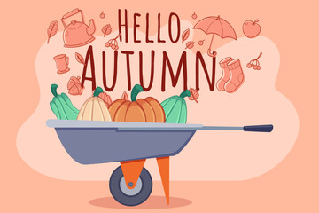 Wheelbarrow filled with colorful pumpkins and gourds against warm background. Seasonal harvest vibes concept
