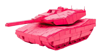 A brightly colored, geometric armored vehicle with tracks
