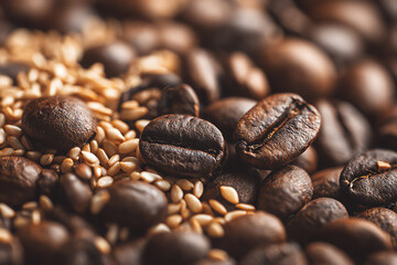Fototapeta premium Aromatic Coffee Beans and Sesame: A rich macro shot showcases the deep brown hues of coffee beans artfully mingled with golden sesame seeds, creating a sensory experience for the viewer.