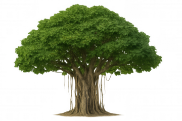 Banyan tree displaying extensive green foliage and characteristic aerial roots, isolated on transparent background