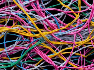 Colorful tangled wires create abstract chaotic pattern with vibrant pink, yellow, blue, green, and white strands intertwined