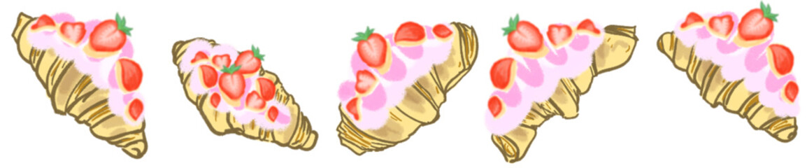 Strawberry Cream Croissant Illustration Set &ndash; Cute Bakery Pastry Vector for Cafe Menu, Dessert Clipart and Sweet Food Design
