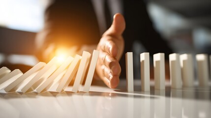 Human hand stopping dominoes from falling, with the first dominoes already toppling over, set against a blurred background with warm sunlight, symbolizing control, risk, and decision-making.