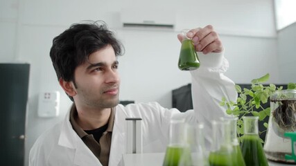 Scientist examines algae sample in modern plant physiology lab - Powered by Adobe