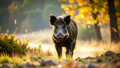Wild boar in autumnal forest