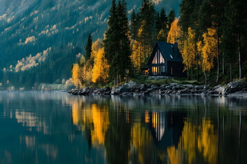 Fototapeta premium Autumn Retreat by the Lake: Tranquil Cabin in Forest Landscape for Relaxation
