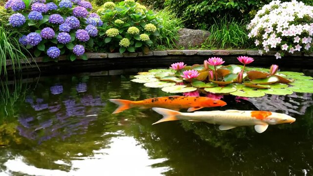 Colorful Koi Fish Swimming in a Tranquil Garden Pond with Water Lilies and Blooming Hydrangeas