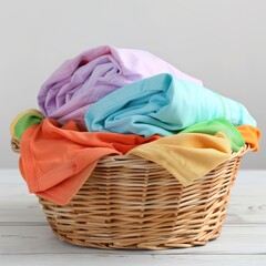 A laundry basket filled with a variety of colorful bright clothes stands on a wooden background.