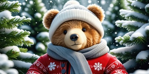 Cozy bear in winter wonderland with snowfilled forest background