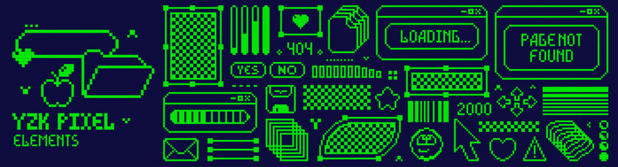 Pack with 8 bit Y2K pixel green color elements. Dialog boxes, emoji, arrows, buttons, graphic elements.