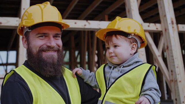 Father holds child on construction site. Both wear hardhat and vest for safety. Bearded worker smiles while child looks curious. Casual family bonding during home building. Warm light enhances mood.