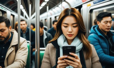 Young woman focused on smartphone in busy subway train