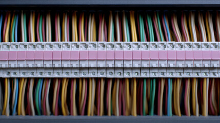 Detailed view inside open residential circuit breaker panel with colorful electrical wires neatly organized and connected