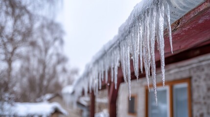 Ice dam in gutter and ice frozen on roof in winter focus on icicles in foreground. Website header. Creative Banner. Copyspace image