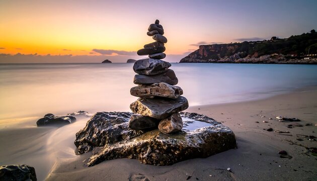 Peaceful sunrise stacks stones on beach