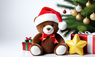 Christmas teddy bear with santa hat and gifts by decorated tree