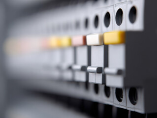 Circuit breakers in electrical panel with colored switches for safety and control in industrial or residential use