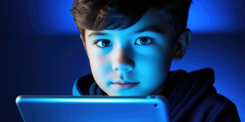 Child engaged with digital tablet under soft blue light