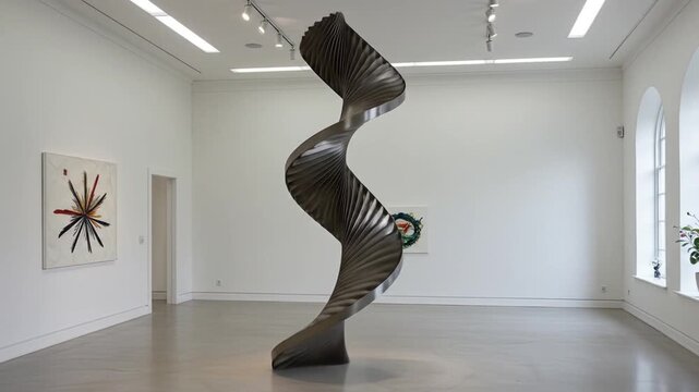 Modern sculpture in art gallery with natural light and minimalist decor