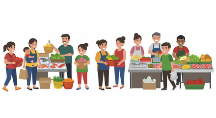 Obraz premium Diverse group of people buying and selling goods at an outdoor market stall