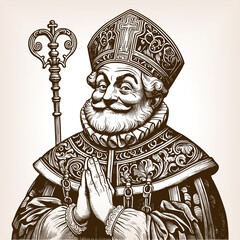 smiling bishop in elaborate ceremonial robes and ornate headdress, shrugging playfully with raised hands sketch engraving generative ai fictional character raster illustration. Scratch board imitation