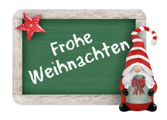 Frohe Weihnachten mit Wichtel und Tafel  Hintergrund transparent PNG cut out