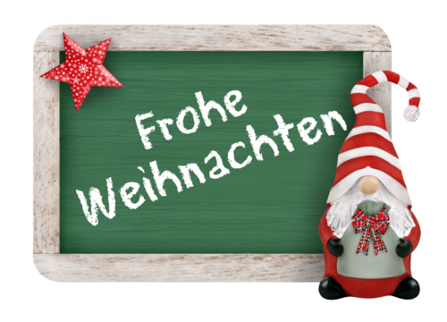 Frohe Weihnachten mit Wichtel und Tafel  Hintergrund transparent PNG cut out - Powered by Adobe