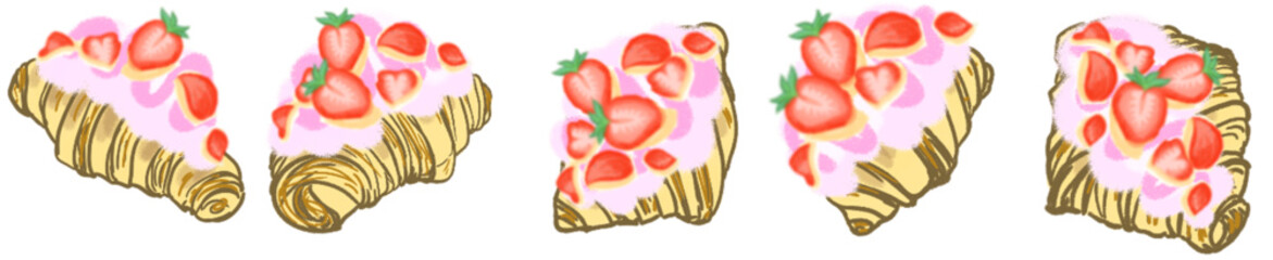 Strawberry Cream Croissant Illustration Set &ndash; Cute Bakery Pastry Vector for Cafe Menu, Dessert Clipart and Sweet Food Design
