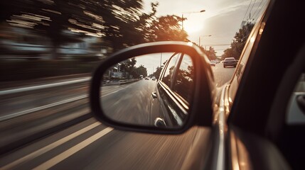 The interior shot captures a car's side mirror reflecting the road and passing vehicles during an evening drive, emphasizing a sense of movement and speed amidst an urban backdrop.