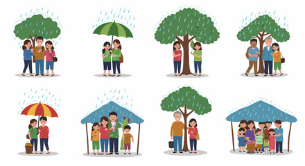 Eight scenes depicting groups of people seeking shelter from the rain under trees umbrellas or makeshift coverings © Faisal