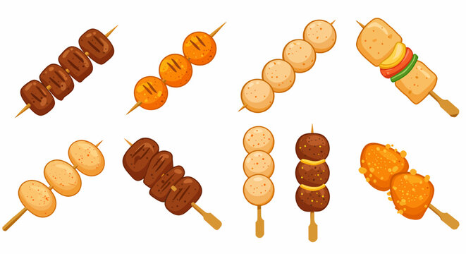 Eight skewers featuring grilled and spherical food items on white background