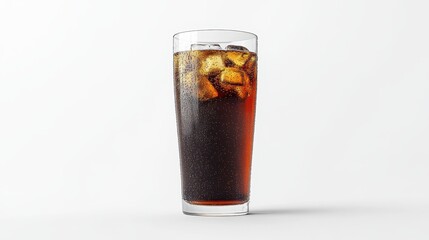 Refreshing glass of cola with ice on a clean white background.