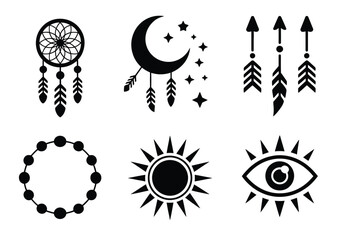 Set of 6 boho dreamcatcher moon arrows sun eye circle vector illustrations scalable eps icons silhouette vector illustration white background