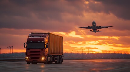 Dramatic sunset backdrop frames a commercial semi-truck hauling a container near an airport, as an airplane ascends, creating a striking visual of transportation and logistics under a fiery sky