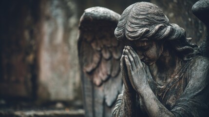 Image with background and place for caption and fragment of tragic sad angel statue at the cemetery. Funeral ceremony.