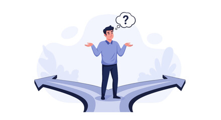 Confused man standing at a crossroads pondering which direction to choose for future endeavors